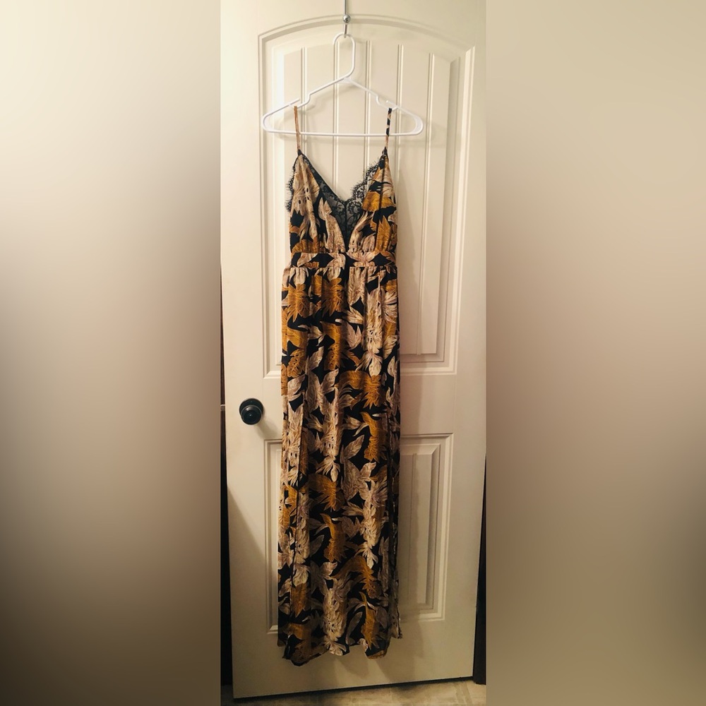 Fashion Nova Black Maxi Dress with Mustard and Cream Leaf Print